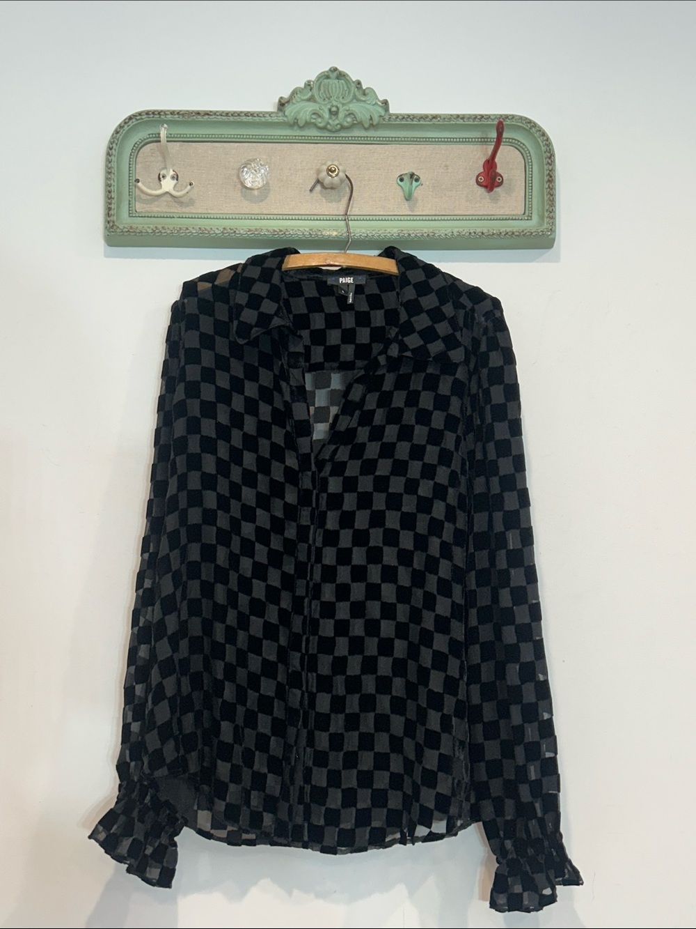 PAIGE Revolve Lora Black Checkerboard velvet silk Sheer Button-Down Shirt large